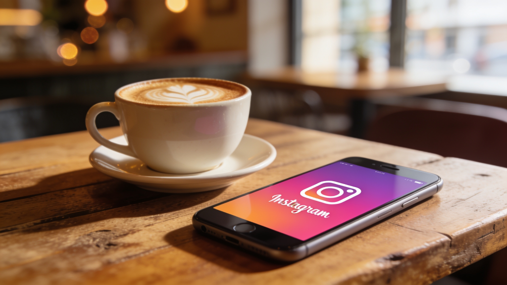 Smartphone mit geöffneter Instagram-App neben einer Tasse Cappuccino